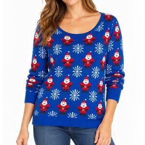 Isabella's Closet Blue Santa Snowflake Ugly Christmas Sweater 100% Cotton L